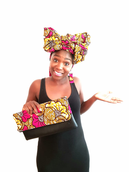 Matching ankara headscarf and clutch bag