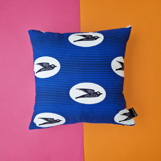 Blue speed bird print cushion