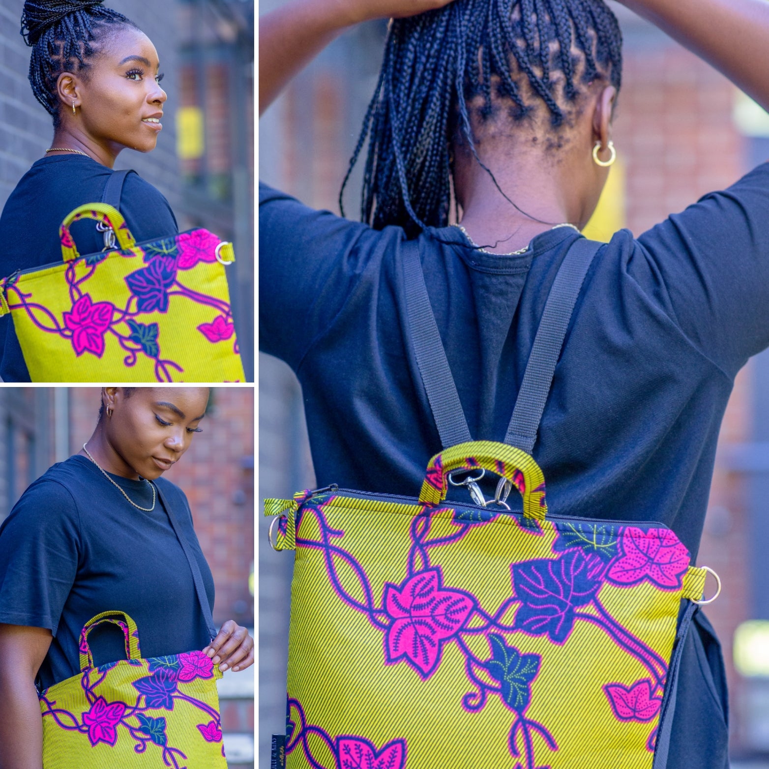 Collage of model modelling yellow and pink Ife print Backpack by Lolly and Kiks 