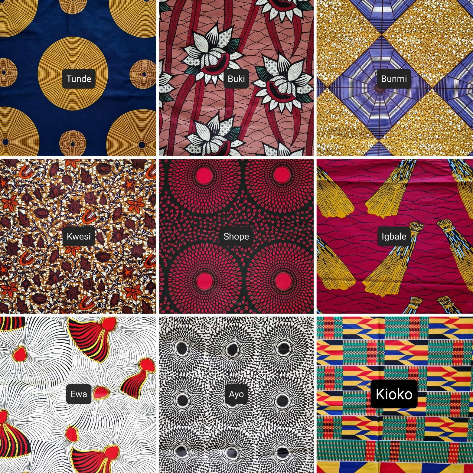 a grid of 9 african print fabrics for customers to choose their Lolly & Kiks hair scrunchies to be made from